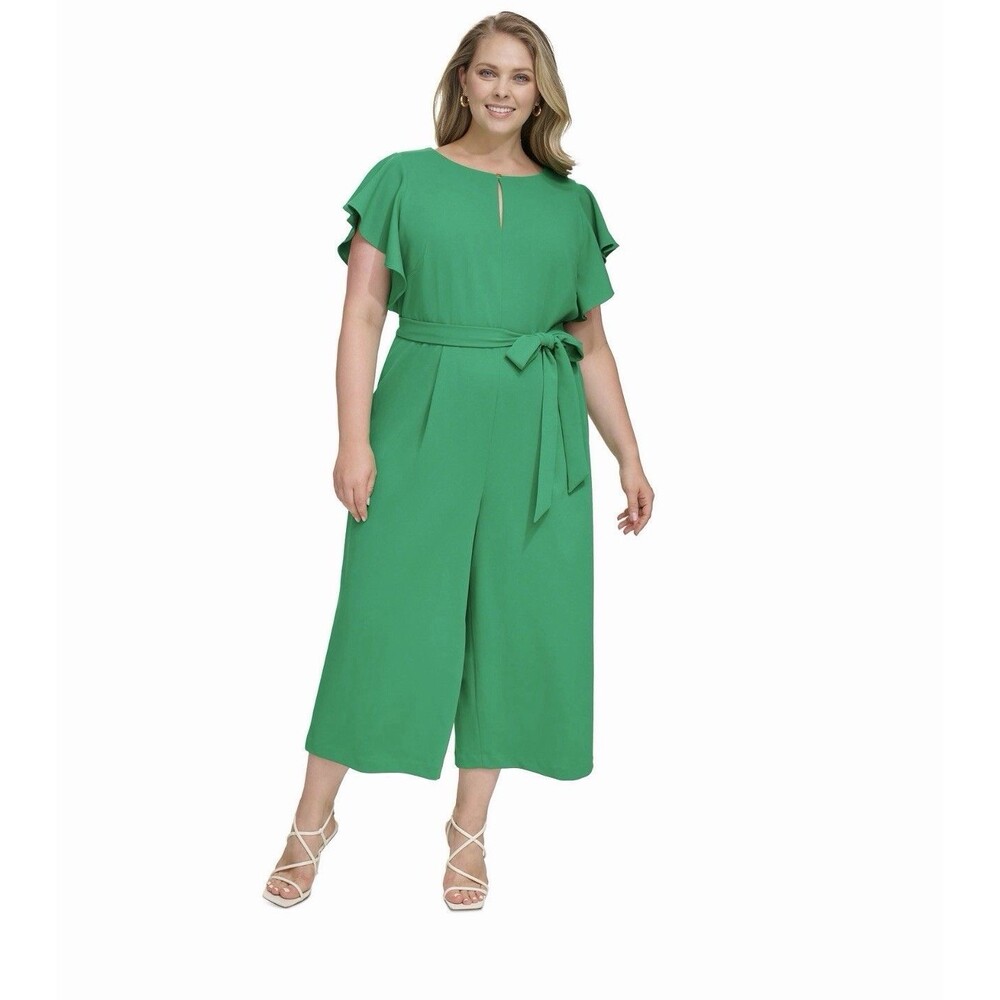 DKNY Emerald Green Flutter Sleeve Belted Wide Leg Jumpsuit Size 14 NWOT
